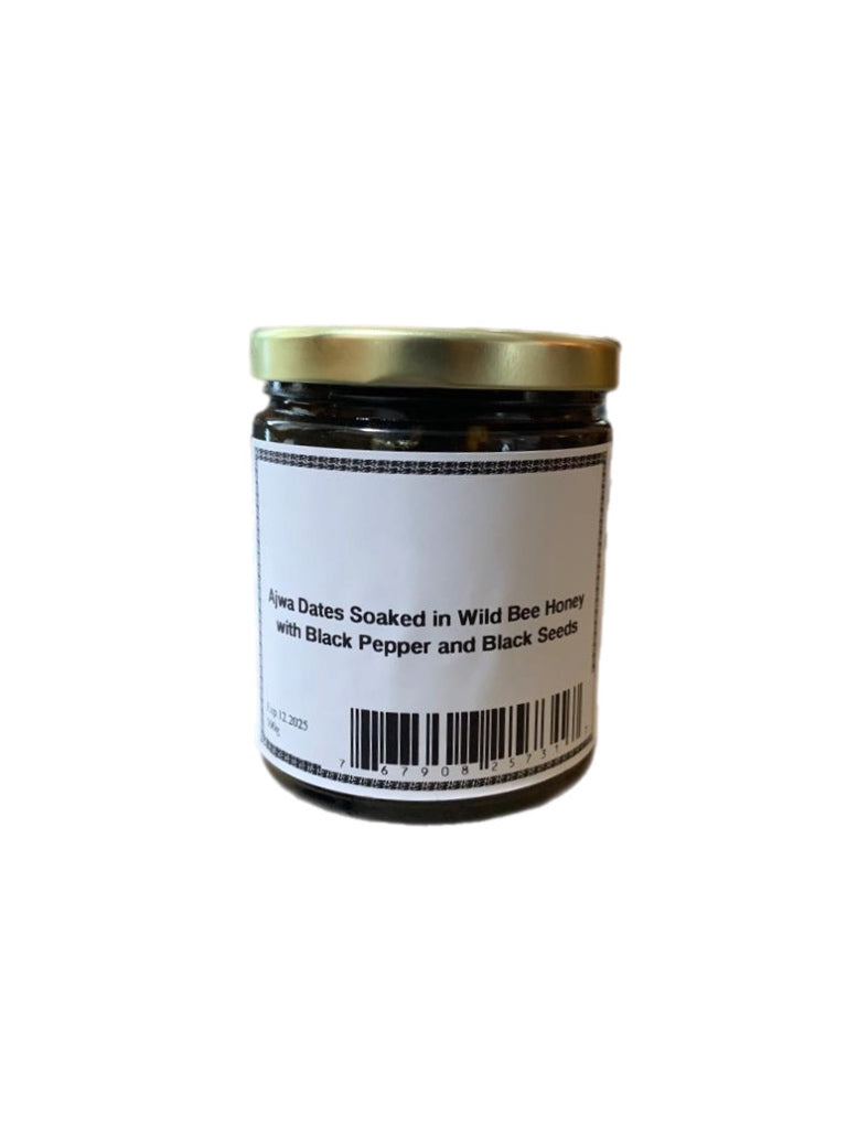 Ajwa Dates soaked in Wild Bee Honey with Black seeds and Pepper (black pepper and white pepper) | 350g