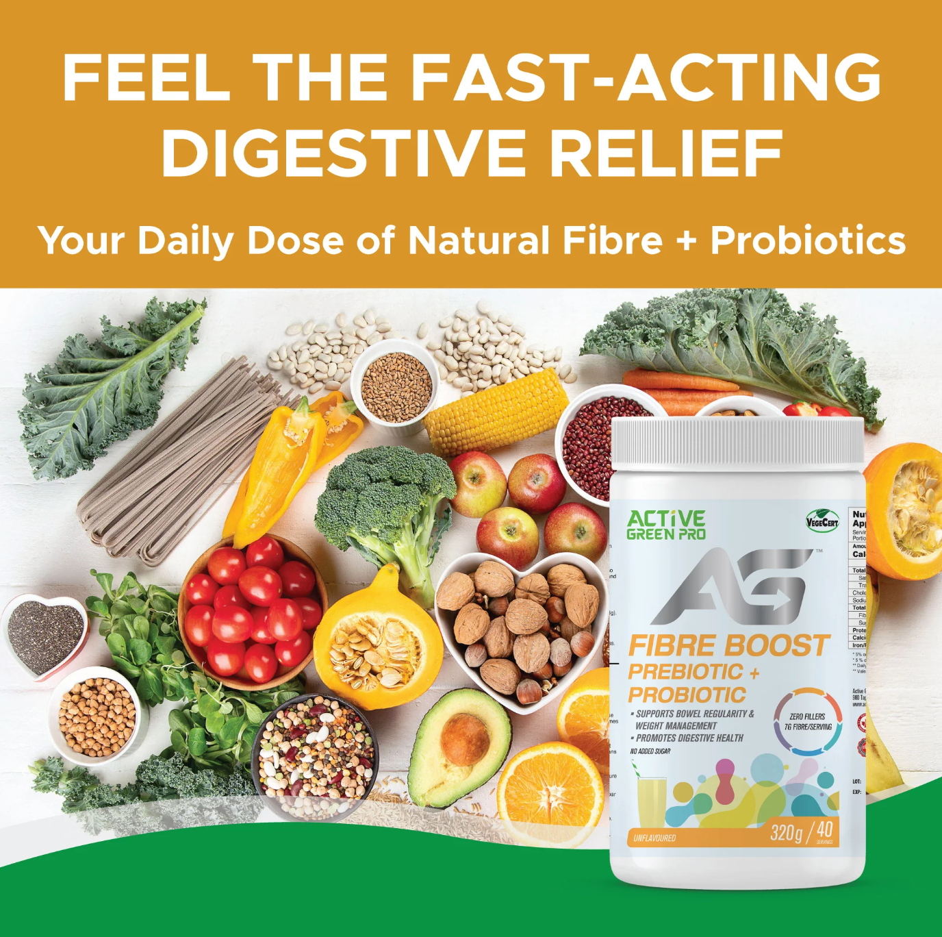 Active Green Pro Greens Powder- Fibre Boost Prebiotic+Probiotic | 320g