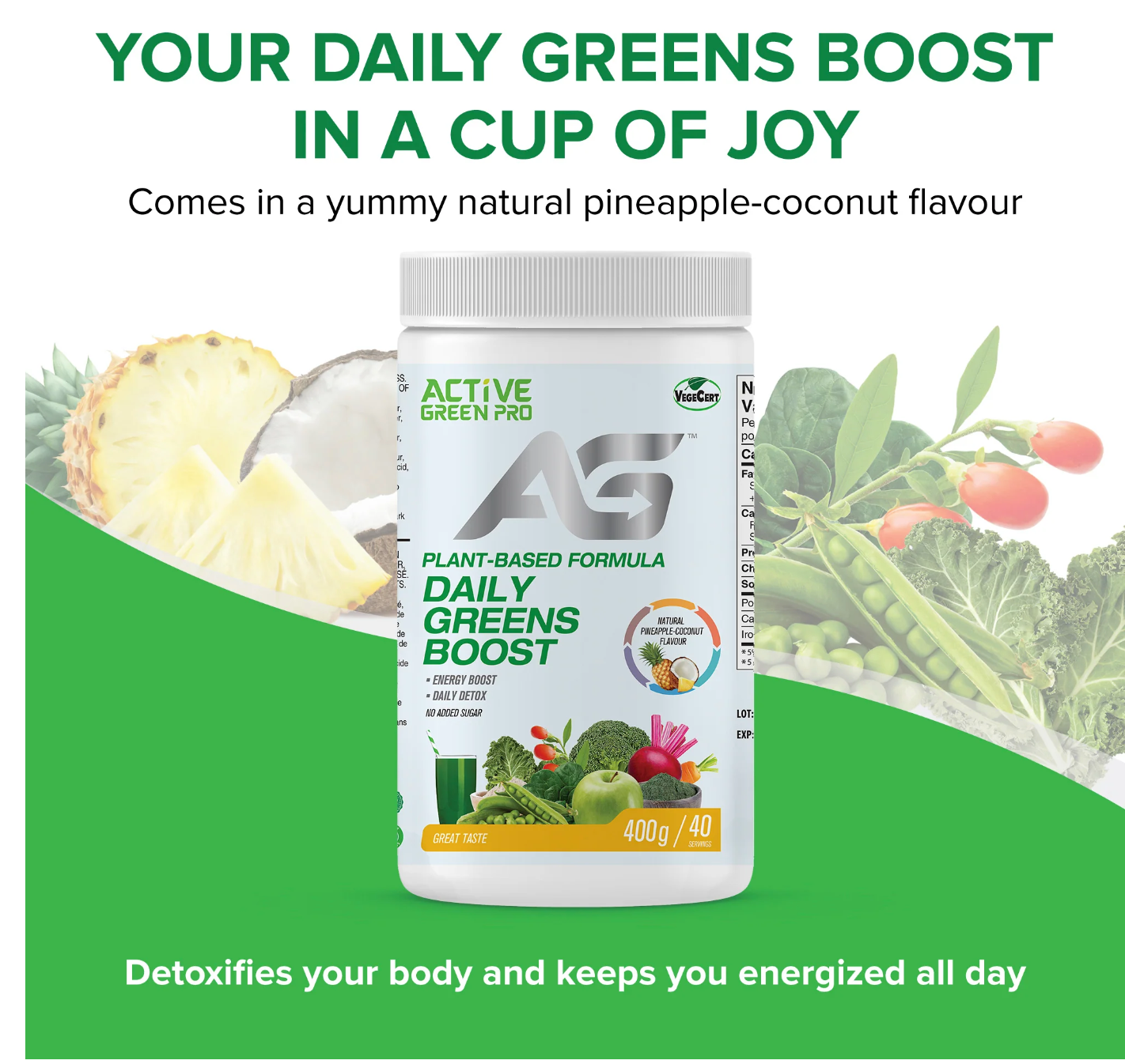 Active Greens Daily Greens Boost Greens Powder- Natural Pineapple-Coconut Flavor | 400g