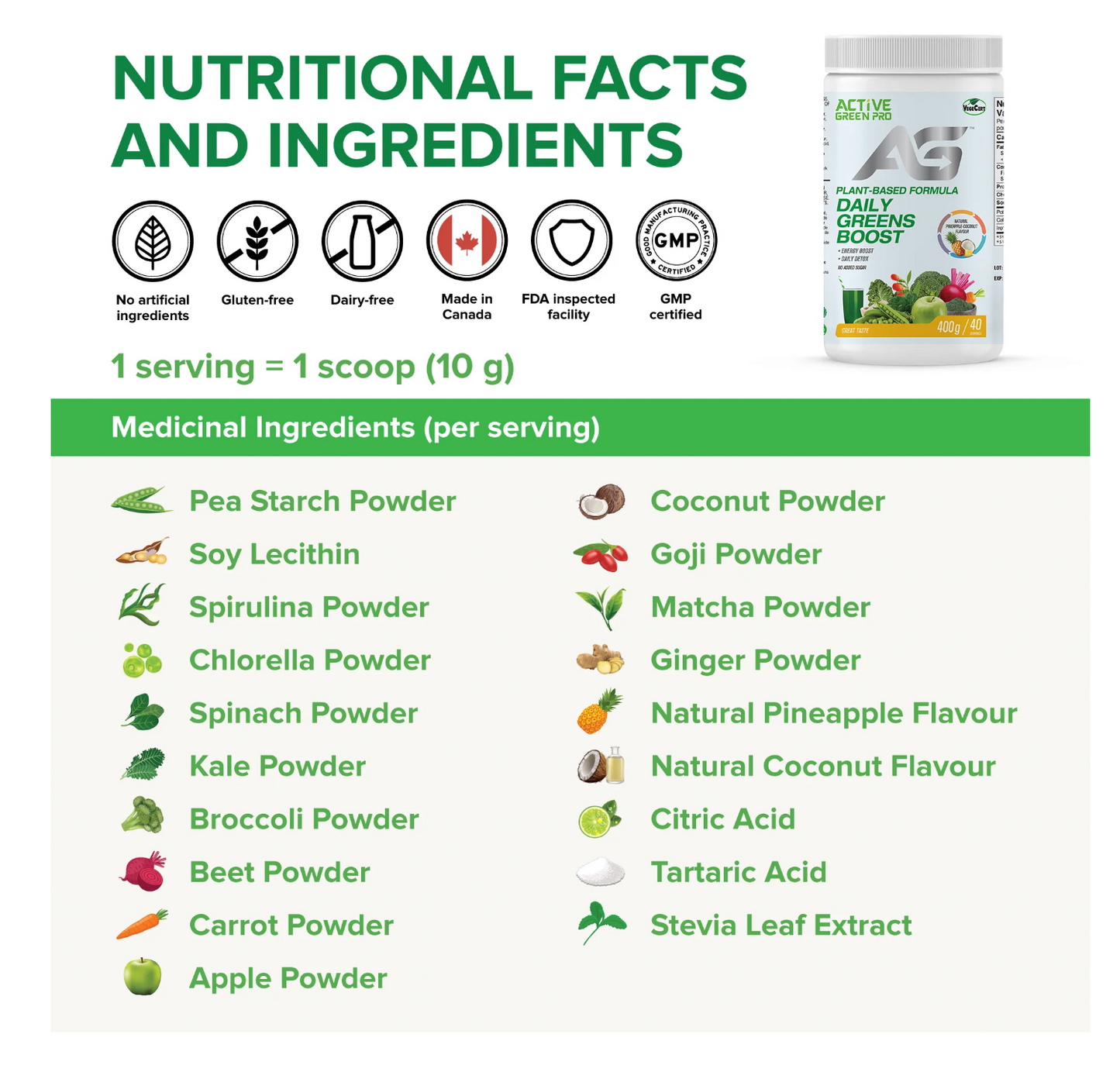 Active Greens Daily Greens Boost Greens Powder- Natural Pineapple-Coconut Flavor | 400g