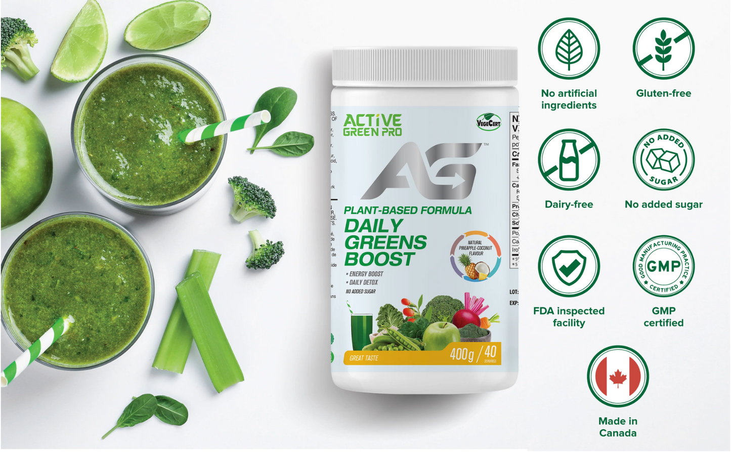 Active Greens Daily Greens Boost Greens Powder- Natural Pineapple-Coconut Flavor | 400g