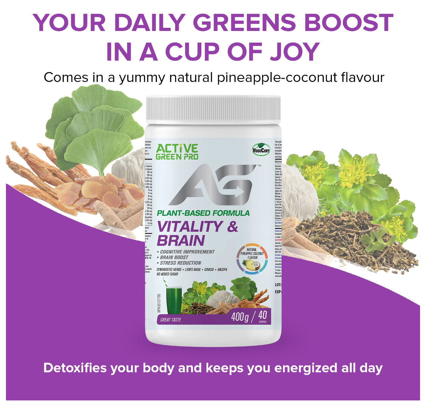 Active Greens - Greens Powder-Vitality and Brain | Pineapple and Coconut Flavour | 400g