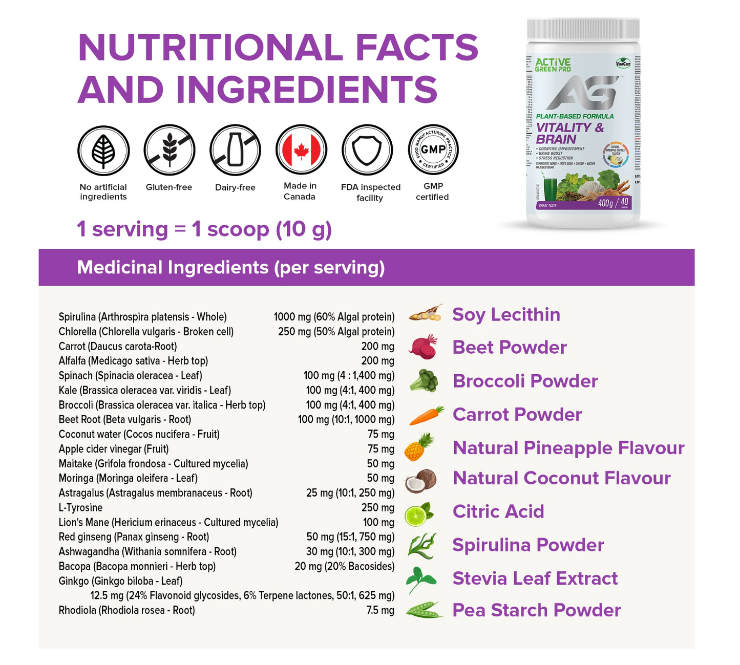 Active Greens - Greens Powder-Vitality and Brain | Pineapple and Coconut Flavour | 400g