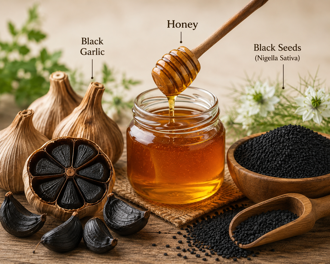 Black garlic soaked in Wild Bee Honey and Black seeds | Allium sativum L