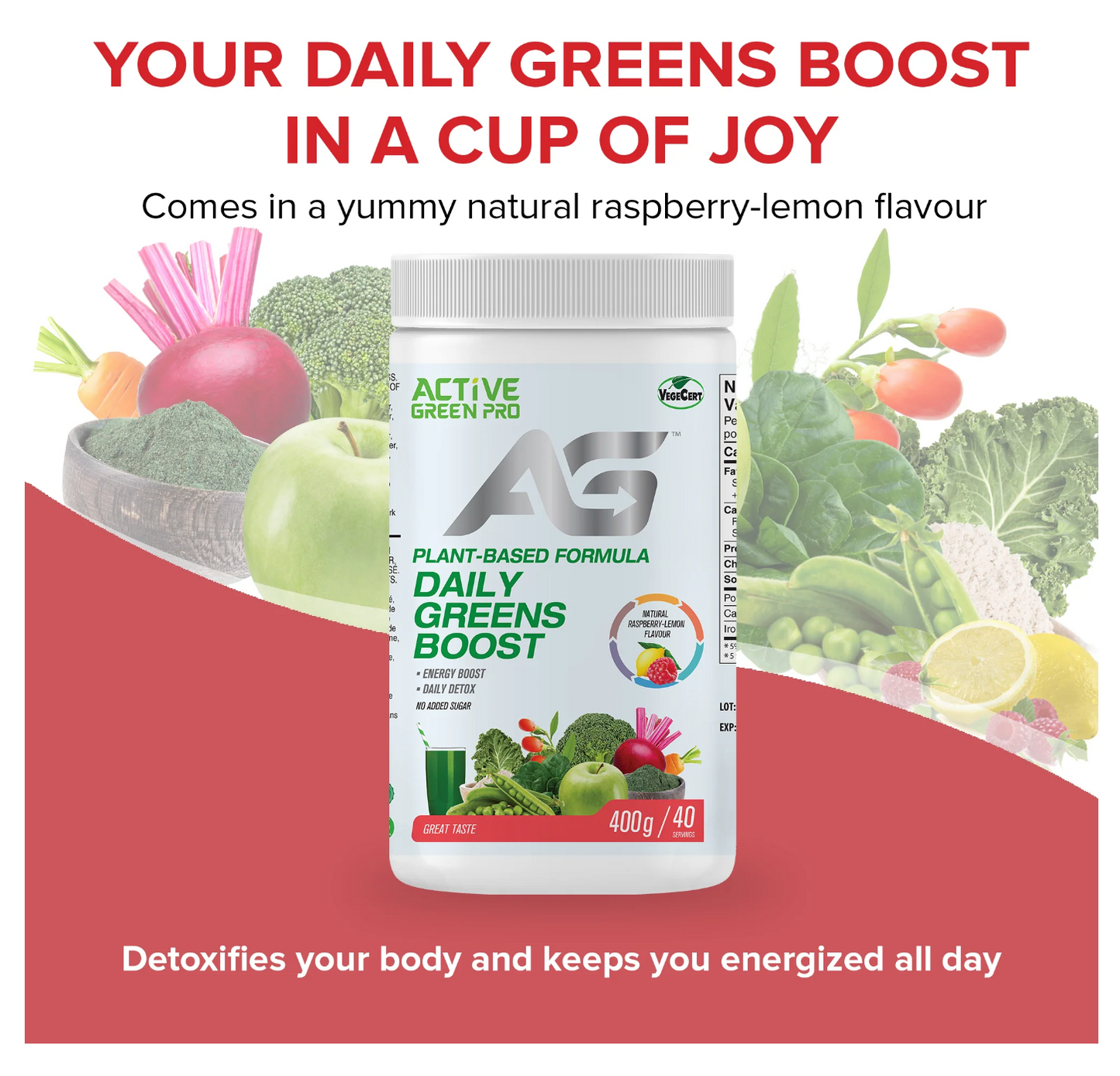 Active Greens Greens Powder- Daily Greens Boost- Raspberry-Lemon Flavor | 400g