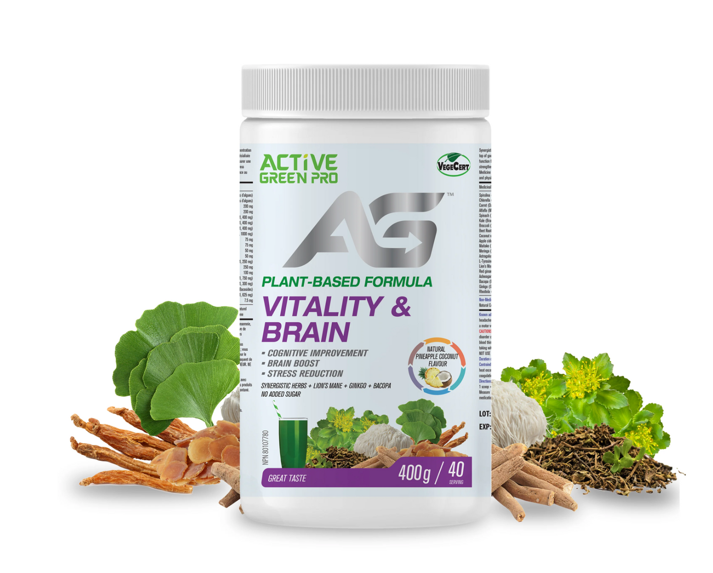 Active Greens - Greens Powder-Vitality and Brain | Pineapple and Coconut Flavour | 400g